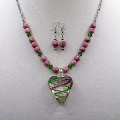 glass heart with purple and green necklace set