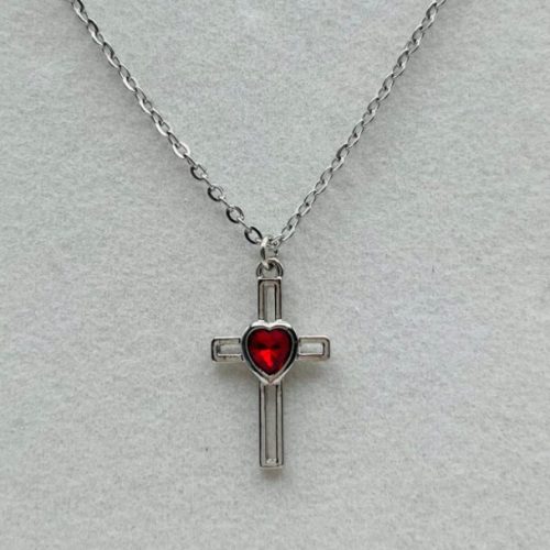 Silver Cross with Red Heart Necklace